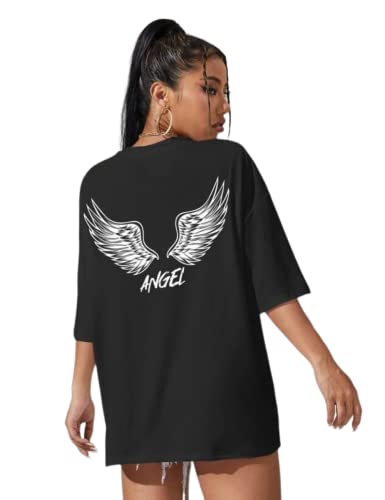 Image of MyTees Pure Cotton Oversized T Shirts for Women Casual Printed Baggy Oversized Round Neck Drop Shoulder Tshirt Black T-Shirt Size S to XL