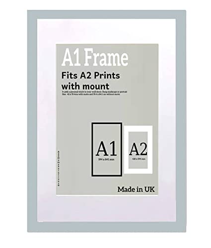 A2Z Home Solutions Photo Frame Light Grey A1 Frame With A2 Mount Picture Poster Print With Clear HD Perspex 30x15 MM Moulding Mounting Hooks MDF Backboard, 59.4 x 84.1 cm