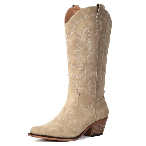 Image of Women's Pointed Toe Mid Calf Cowboy Boots - Cowgirl Boots with Chunky Heel