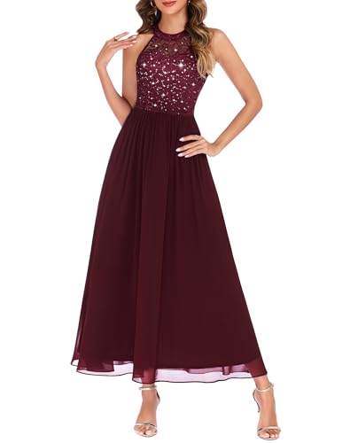 Wedtrend Womens Sparkly Sequin Dress, Long Formal Gowns, New Years Eve Dress, Chiffon Sleeveless Halter Cocktail Dresses Bridesmaid Dresses for Women Long WT0201XP BurgundyM