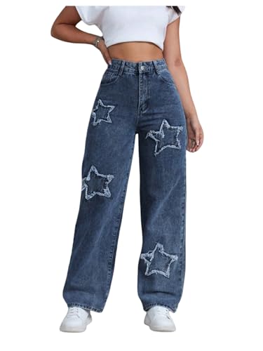 WDIRARA Women's Star Patchwork Jeans High Waisted Straight Leg Denim Pants