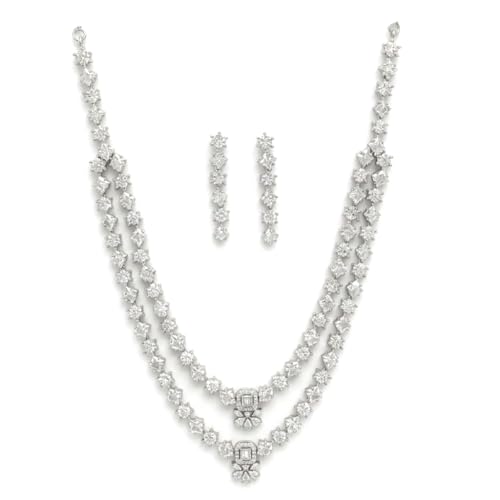 Image of ZENEME Rhodium-Plated American Diamond Studded Star Shaped Layered Necklace With Earrings Jewellery Set For Girls and Women