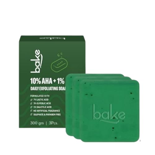 Image of BAKE 10% AHA + 1% BHA Scrub Treatment Soap with Lactic Acid, Glycolic Acid, 1% Salicylic Acid | For Clogged Pores, Exfoliation, Strawberry Skin & Bright Underarms | Soap for Women & Men | 100g x 3 (Pack of 3)