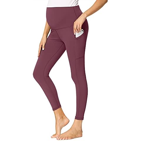AMPOSH Women's Maternity Capri Yoga Pants High Waisted Naked Feeling Soft Workout Athletic Leggings with Pockets, A 25'' Burgundy - Pockets, XXL Cover