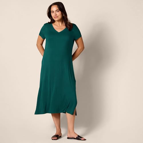 Image of Amazon Essentials Women's Regular Fit V-Neck Short Sleeve Midi Length T-Shirt Dress, Soft Viscose Stretch Jersey, Side Slits