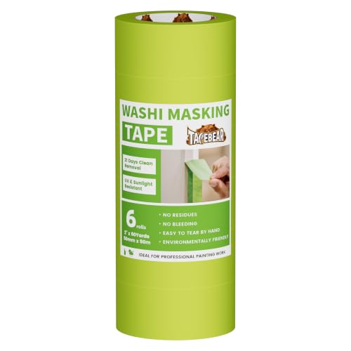 Image of TAPEBEAR Advanced Painters Tape, 21-Days Clean Removal Green Washi Masking Tape 2 inch x 60Yards, Medium Adhesion, Indoor Outdoor Multi-Surface Painting with Sharp Lines for Car /Wall Painting, 6Roll
