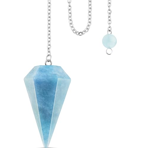 Bild: QINJIEJIE Aquamarin Kristall Pendel Nat�rlichem Edelstein Kristalle Pendel mit Kette und Kugel f�r W�nschelruten Wahrsager Chakra Reiki Hexerei Zubeh�r f�r 12,99 EUR  bei Amazon