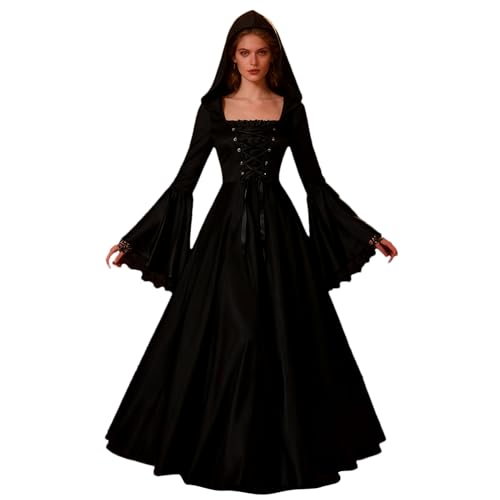 Whnbuij Disfraz de de Halloween con capucha, vestido largo de negra para Halloween, para hija, novia, amiga, hermana, madre, casa de miedo, teatro