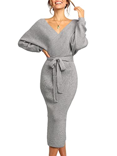 Chang Yun Women's Long Maxi Sweater Dresses Sexy Wrap Batwing V Neck Slit Open Back Holiday Bodycon Dress with Belt