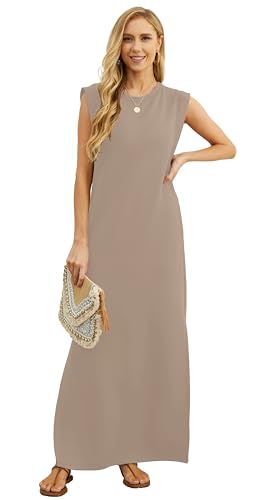 Image of GRECERELLE 2026 Women Year-Round Casual Round Neck Loose Split Wrinkle-Free Long Maxi Vacation Dress with Pockets (XXS-4XL)