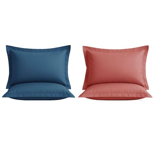 Image of VAS COLLECTIONS Premium Pillow Cover Set of 4 Piece | 210 TC 100% Pure Cotton | Solid Color Hotel Quality Pillow Covers, Hotel & Hospital Use | 18 x 28 Inches (1, Solid Blue & Pink)