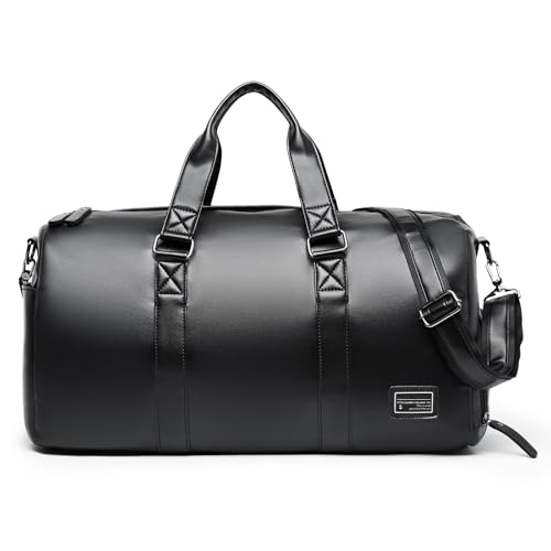 Leather Duffel Bag Men Adjustable Shoulder Strap Leather Travel Gym Bag with Shoe Compartment for Weekend Travel Overnight Sports, Black, 32L - Main Image