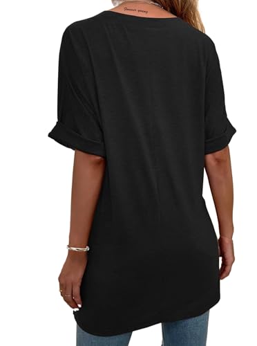 Remidoo Women's Side Slit Rolled Short Sleeve Tee V Neck Loose Fit Tunic T Shirt Top2