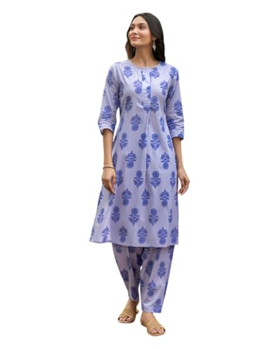 Image of LookMark Women's Cotton Blend Printed Kurti with Straight Bottom, Regular Fit Kurti Set