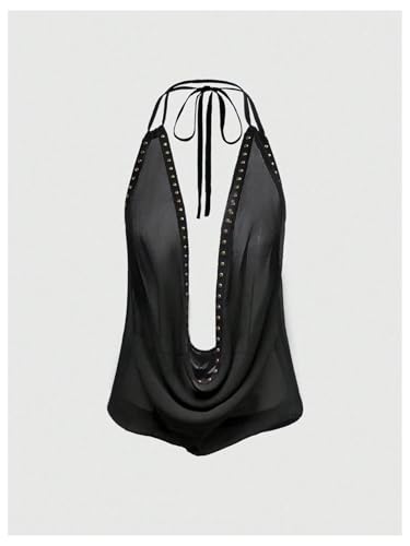 Verdusa Women's Rave Backless Y2k Halter Top Festival Club Outfits See Through Studded Cowl Neck Sexy Tops4
