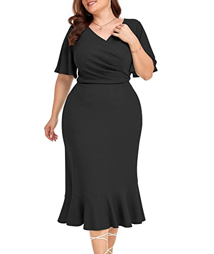 LALAGEN Plus Size Dress for Women Modest Short Sleeve Ruched Bodycon Mermaid Cocktail Midi Dresses 1X-6X4