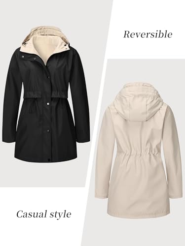 Women Reversible Lightweight Jacket Long Hooded Windbreaker Raincoat Outdoor Trench Coat4