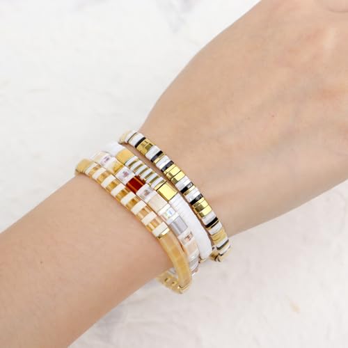 Tila Flat Beaded Bracelets Set for Women, 4Pcs Trendy Handmade Miyuki Glass Gold White Colorful Stack Beads Stretch Bracelet Festive Holiday Accessories Jewelry Gift.2