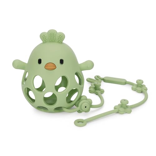 Image of Socub Food-Grade Silicone Teething Toy for Babies 0-6, 12, 18 Months Infants, Never Drop Hand Baby Teether Toy with Baby Toy Strap, BPA Free(Olive)