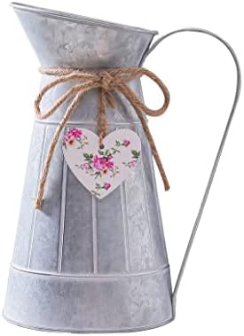 Vintage Galvanized Flower Jug Vase, Farmhouse Decorative Pitcher Vase, Rustic Metal Milk Jug for Flowers (Silver) 