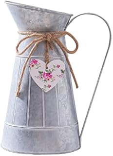Vintage Galvanized Flower Jug Vase, Farmhouse Decorative Pitcher Vase, Rustic Metal Milk Jug for Flowers (Silver) 