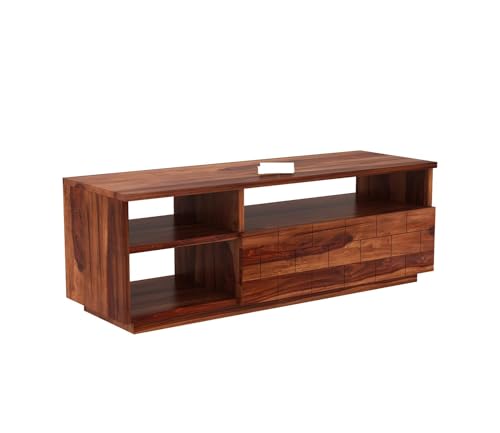 Image of Solid Sheesham Wood TV Unit with 3 Shelves & Drawer Storage - Elegant Wooden TV Unit for Living Room | Fits up to 55-inch TV - Solid Living Room Furniture (Reck, Honey Finish)