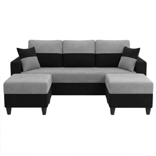 Image of Cavo 5 Seater L Shape Sofa Set with 2 Movable Ottomans | Flexible Layout | Luxury Velvet Suede Fabric | Modern Living Room Sofa | Black-Light Grey
