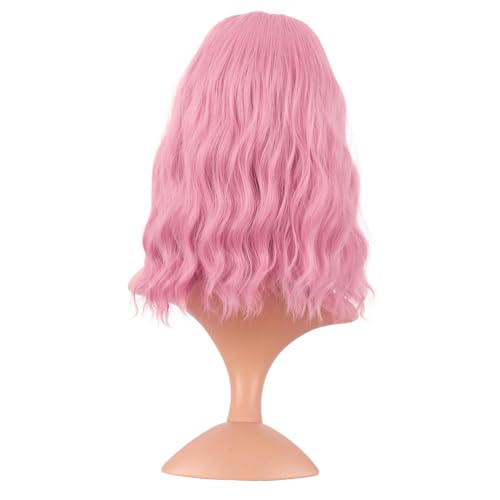 Image of MapofBeauty 14 Inch /35 cm Short Wavy Curly Women Fresh Bright Synthetic Ordinary Flat Bangs Bob Wig (Light Pink)