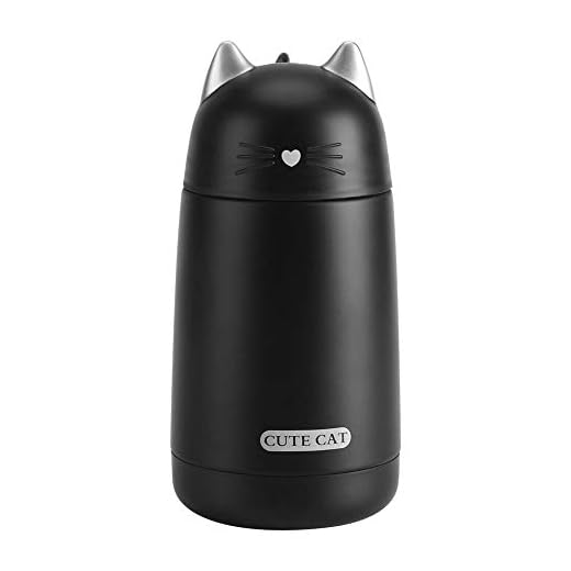 Fdit Gatto Thermos Acciaio Inox Portatile Tazza Termica Borraccia Acqua caffè Bevanda Calda Tazza Viaggio Sport per il regalo di Natale 330ml Nero