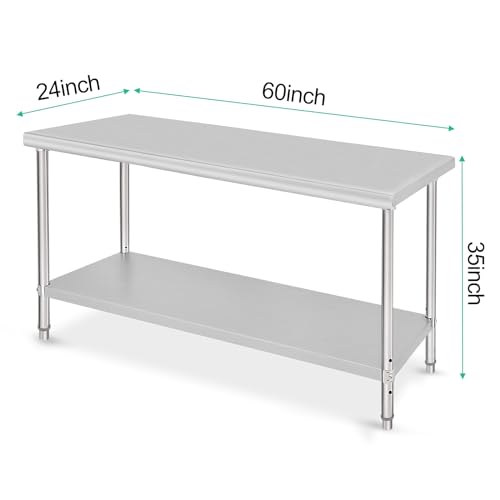 Image of 60x24x35inch Double Layer Stainless Steel Work Table No Caster Wheels No Backsplash