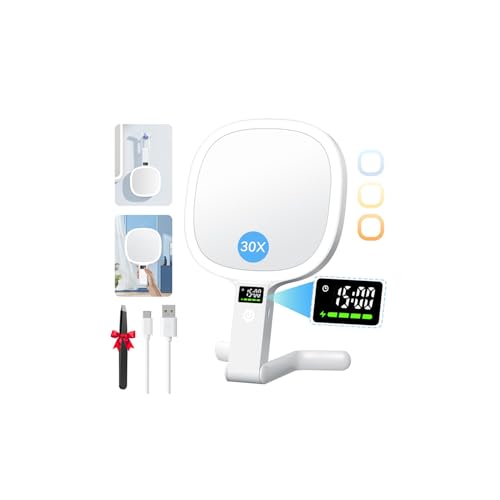 Auxmir Espejo Maquillaje con Luz 30X/1X Aumento 2500mAh Recargable USB Doble Cara 56 Leds, Colgar Pared de Mesa Mano Portátil, Pantalla Inteligente de Reloj y Nivel de Batería para Viaje