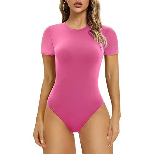 SHAPERX Body-Hugging Bodysuit for Women Long Sleeve/Short Sleeve High Stretch Leotard Top Thong Crew Neck