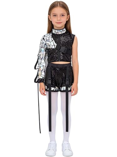 Ensemble danse hip-hop fille 3 pièces noir avec haut paillettes et short 4-5 ans