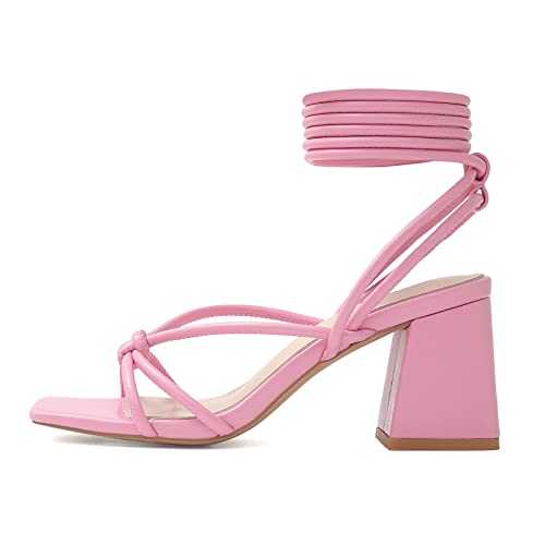 Image of Shoe'N Tale Lace Up Heels for Women Ankle Strappy Gladiator High Heeled Sandals Chunky Block Heel Square Open Toe Criss Cross Dress Shoes