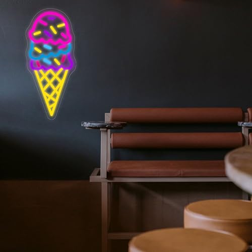 Image of Ice Cream Open Neon Sign Shop Wall Decor Custom Neon Signs Personalized Dimmable LED Light for Birthday Christmas Party Bedroom Bar Drink Shop USB Powered with Pink Yellow Blue Glow (14.7 x 6.7)