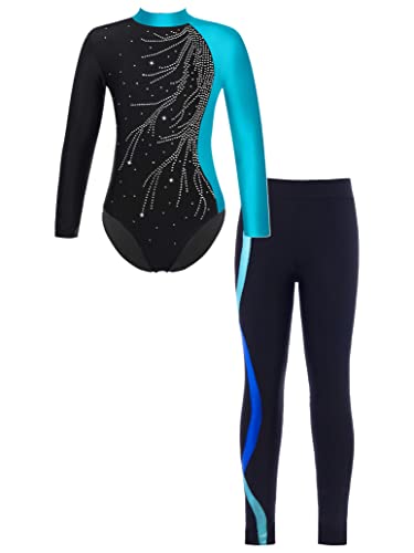 inlzdz Conjunto de Deportiva Gimnasia para Niñas Leotardo Manga Larga y Leggings Largos de Elásticos Maillot de Patinaje Artístico Gimnasia Disfraz de Ballet Azul Verde 7-8 años Cover
