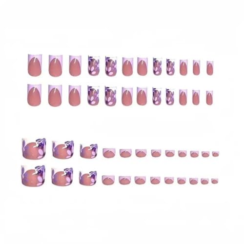 Image of 48 Pcs Purple Flower Press on Nails & Press on Toenails Set French Tip Fake Nails Floral Glue on Nails Short Square Toes Glossy Artificial Acrylic Full Cover Stick on Toe Nails for Women Manicure