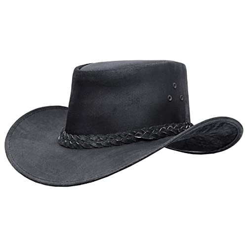 Premium Leather Cowboy Hat Men Women Handcrafted 3 Inches Brim, Australian Outback Western Aussie Style, Cowgirl Hats (As1, Alpha, M, L, Deep Black) #TOP28