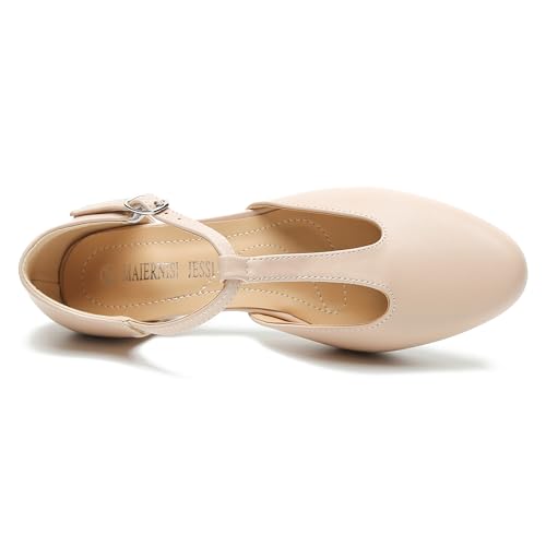 MAIERNISI JESSI Women's T-Strap Low Chunky Heel Mary Jane Pumps Cut Out Wedding Dress Shoes4