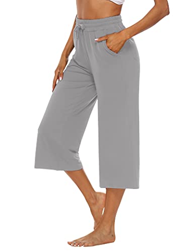 OYANUS Capris for Women Casual Summer Loose Comfy Drawstring Wide Leg Capri Pants with Pockets LightGray M