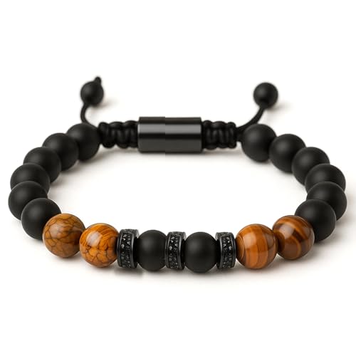 LAXISCREED Pulsera Hombre Ojo de Tigre y Ónice, Ajustable - Pulsera Cuentas Hombre Piedra Natural, Amuleto Suerte, Regalo para Él, Padre, Marido, Ideal Cumpleaños, Aniversario, Navidad