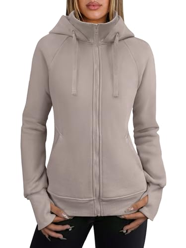 ANRABESS Womens Zip Up Hoodies Fleece Jackets Long Sleeve Sweatshirts Pockets Casual Fall Fashion Preppy Outfits Y2k Clothes Light Khaki Small