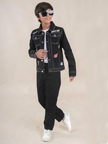 Image of KiddoPanti Boys Denim Jacket | Cotton Poly Blend with Spandex | Washed Denim, Full Sleeve | Button Closure & Front Flap Pockets | Collared Neck