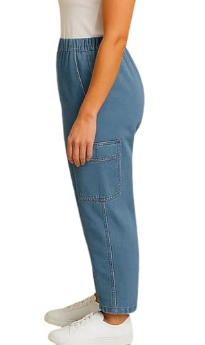 Turtle Bay New York Women's Elastic Stretch Waist Casual Denim Pull-on Cargo Pants3