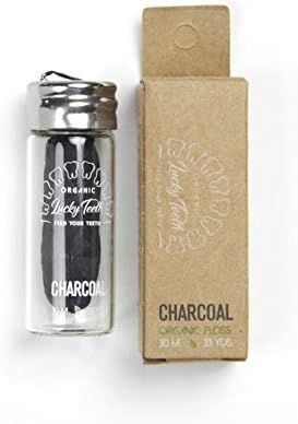 Organic Bamboo Fibre with Activated Charcoal Floss in Glass Jar with Tea Tree and Peppermint essential oils 30 m / 33 yds - by Lucky Teeth