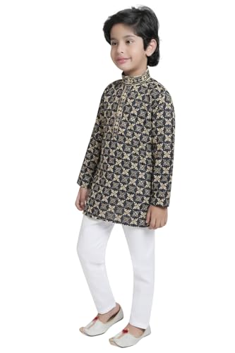 Image of TinySteps Boys' Ethnic Wear - Cotton Lakhnavi Chikan Kurta with Golden Sequence Work and Elastic Waist White Cotton Pajama - Festive & Wedding Outfit