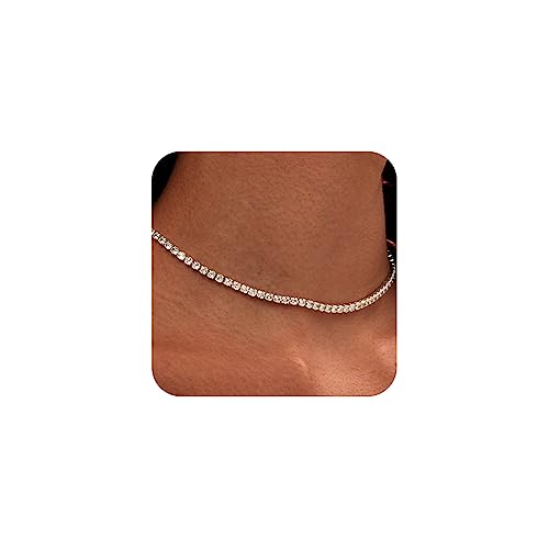 Tennis Necklace for Women 14K Gold Plated or Silver Rhinestone Choker Necklaces Dainty Zirconia Cut Faux Diamond chain 3mm