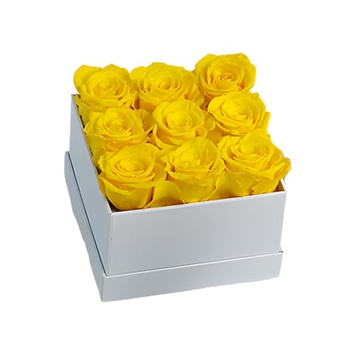 Zymoplas Rose préservée Fleur éternelle Immortelle Bricolage coloré de Longue durée pour la décoration de Thanksgiving d'anniversaire de Mariage, Blanc Jaune, 9 têtes
