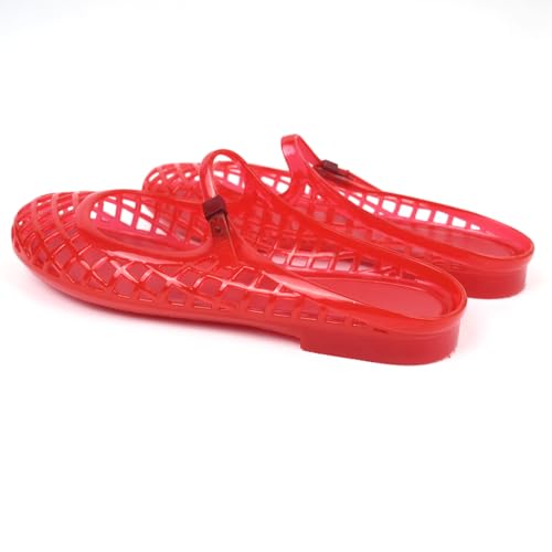 Image of Jelly Mesh Ballet Flats for Women Clear Hollow Jelly Shoes Sandals Round Toe Non-Slip Beach Ballerina Jellies Flats Shoes