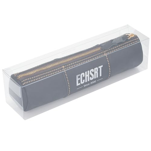 Image of ECHSRT Genuine Leather Pencil Pouch, Slim Cylinder Vintage Pen Bag, Black | Full-Grain Cowhide Leather, Crazy Horse Finish, Slim Cylinder, Single Zipper, Vintage Pen Organizer for Adults